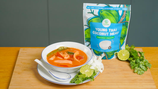 Vegan Tom Yum Maprao Soup Made with Organic Young Thai Coconut Meat
