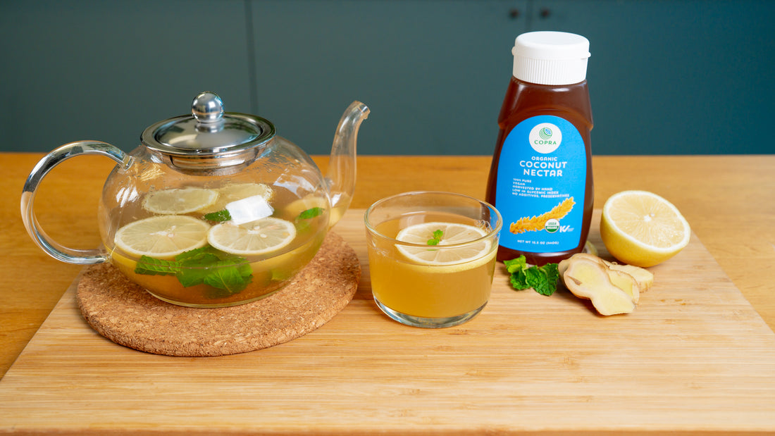 Low GI Ginger Lemon Tea made with Copra's low GI organic coconut nectar