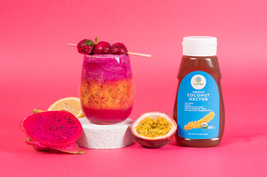 Dragonfruit and Passion Fruit Tropical Smoothie made with Copra's 100% pure coconut water and organic coconut nectar
