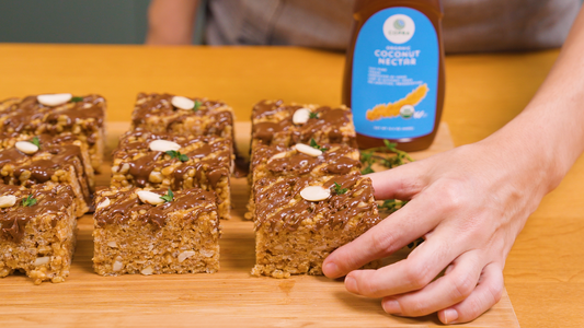 Peanut Butter And Chocolate Rice Krispie Treats made with Copra's organic coconut nectar