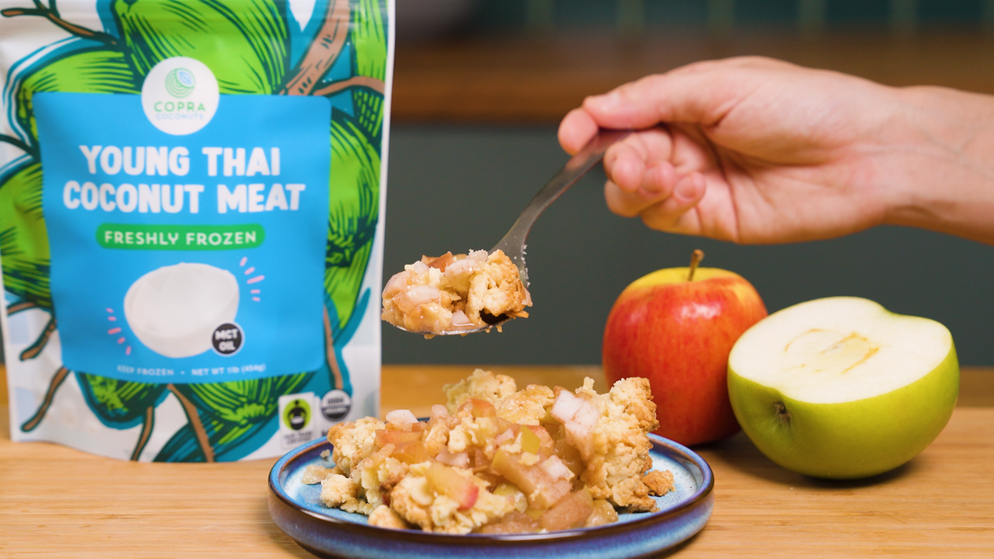 Apple Almond Crumble made with Copra's organic young Thai Nam Hom coconut meat