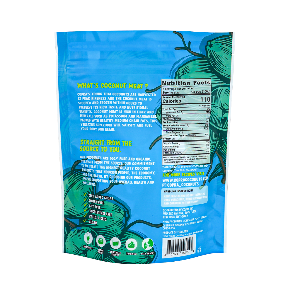 Back Side of Organic Frozen Young Thai Coconut Meat - A glimpse of the back side of our frozen coconut meat, promising a delicious and versatile ingredient for your recipes.