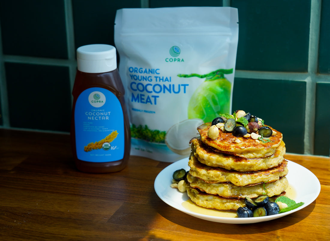 Banana and Coconut pancake made with Copra's organic frozen coconut meat and coconut nectar