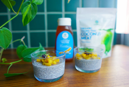 Butterfly Pea Chia Pudding made with Copra's organic young Thai frozen nam hom coconut meat and organic coconut nectar