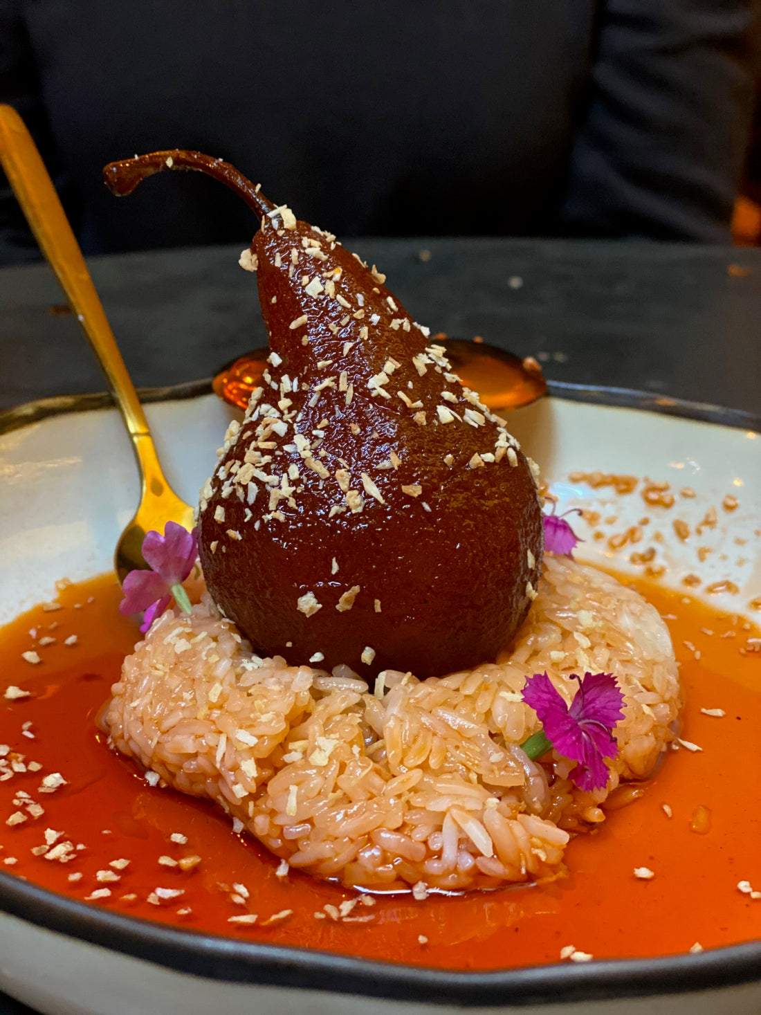 Thai Tea Poached Pear With Coconut Sticky Rice