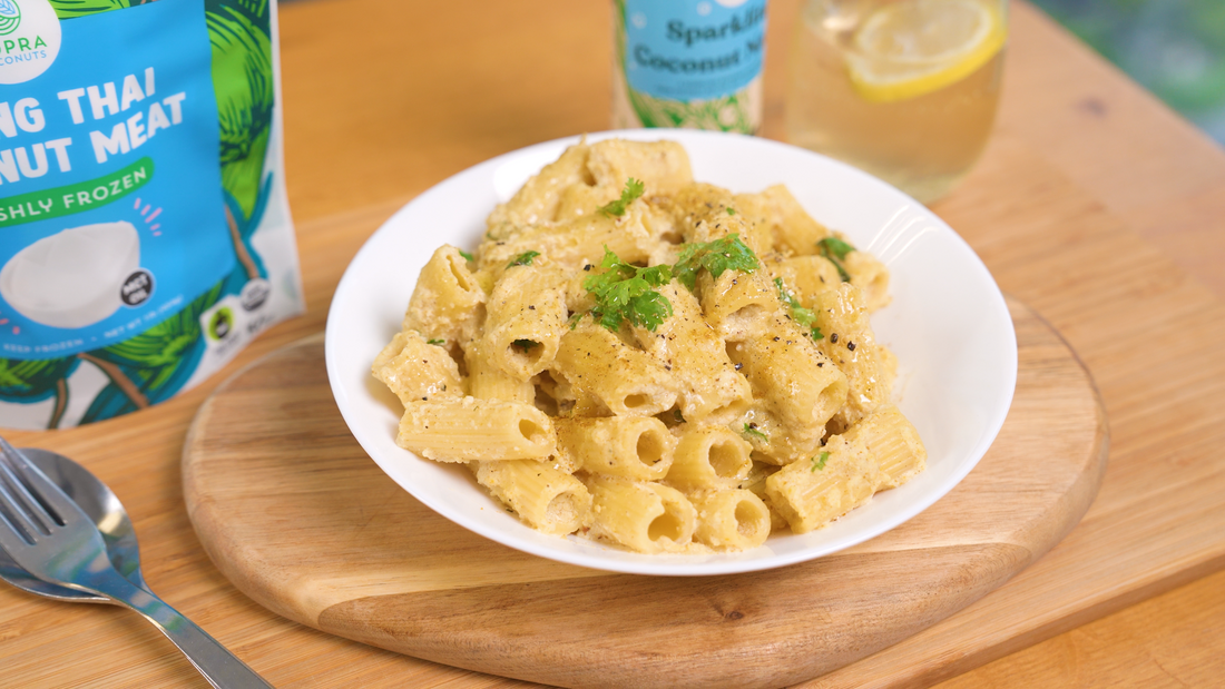  Creamy Curry Rigatoni made with Copra's organic young Thai Nam Hom coconut meat