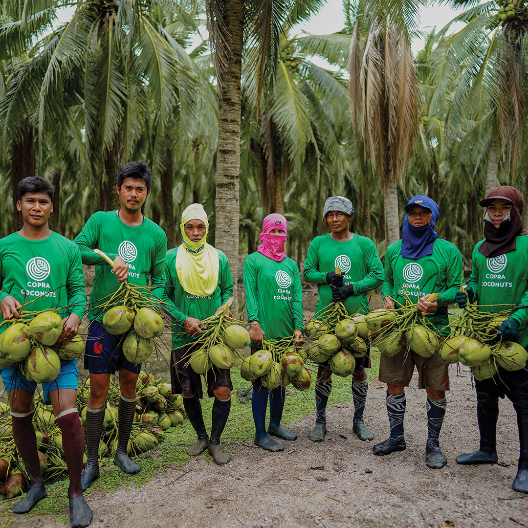 Copra Coconuts team gathered after harvesting Nam Hom coconuts in Thailand