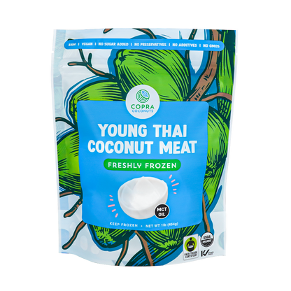 Front View of Organic Frozen Young Thai Coconut Meat - Pristine, creamy frozen coconut meat, captured from the front angle, ready to elevate your culinary creations.